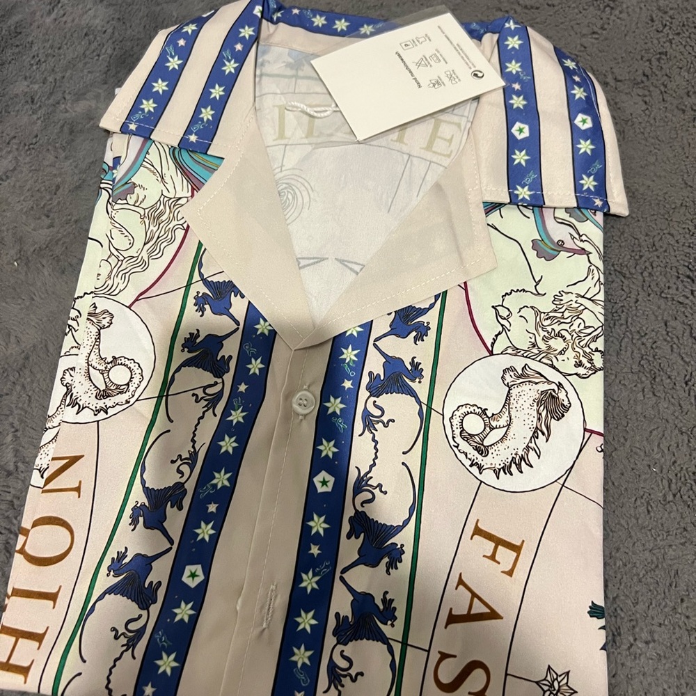 Blue and Cream Graphic Button-Up Shirt